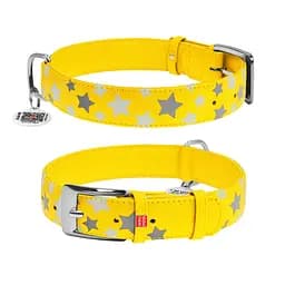 Нашийник для собак шкіряний Waudog Glamour з QR-паспортом візерунок "Зірочка" світонакоплювальний Ш 35 мм Д 46-60 см жовтий