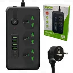 Мережевий подовжувач фільтр на 3 розетки та 4 USB, переносна розетка-подовжувач чорний - мініатюра 2