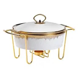Мармит круглый 1.5 литра настольный с подогревом для блюд керамический на металлической подставке с крышкой Белый с золотым