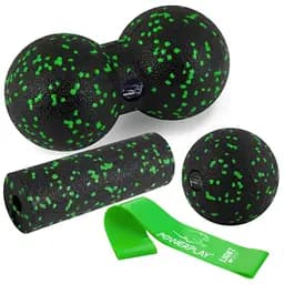 Набір для масажу та йоги PowerPlay PP_4091 EPP (2 м'ячики + валик масажер 15*5,3 см.) Green + гумка 5.5 кг (PP_4091_Green)
