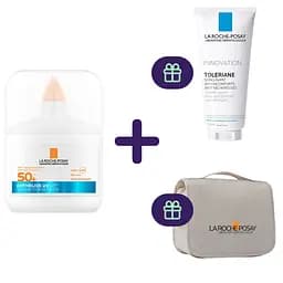 Набор La Roche-Posay: сыворотка для лица Anthelios SPF50+ увлажняющая солнцезащитная с антиоксидантами 50 мл + очищающий гель-крем Toleriane для чувствительной кожи 50 мл + косметичка-органайзер Anthelios