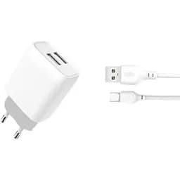 Сетевое зарядное устройство XO L57 2.4A/2USB + MicroUSB Cable White