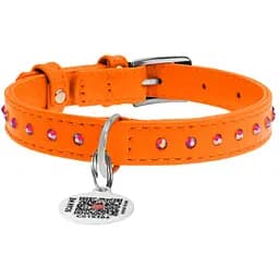 Ошейник для собак Waudog Glamour, кожаный, со стразами, с QR паспортом, M, 27-36х1,5 см, оранжевый