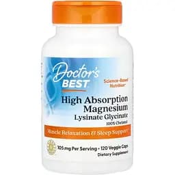 Магний 100% хелатный лизинат-глицинат Doctor's Best High Absorption Magnesium Lysinate Glycinate 100% Chelated 105 мг 120 капсул (DRB-00565)