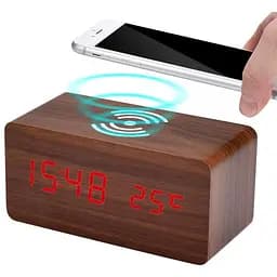 Дерев'яний LED годинник UFT Wood Wireless Clock з функцією бездротової зарядки коричневий