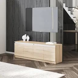 Тумба під телевізор Vays у вітальню, сучасна з полицями, без ручок R-31 Дуб Сонома-Білі планки