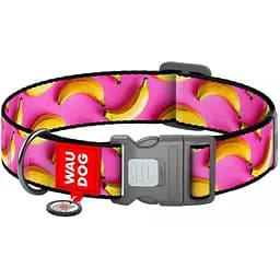 Нашийник для собак нейлоновий Waudog Nylon з QR паспортом малюнок Банани на рожевому XL