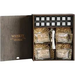 Подарунковий набір Whiskey Stones камені для віскі в дерев'яному пеналі №4 + 4 склянки Pasabahce Baltic + щипці + мішечок