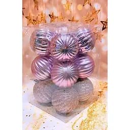 Набір ялинкових іграшок Рельєф пластикових круглих 12 шт 8 см Пудра