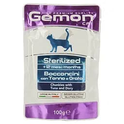 Вологий корм для дорослих котів Gemon Cat Wet Sterilized шматочки з тунцем та рибкою дорі 100 г (70300902)