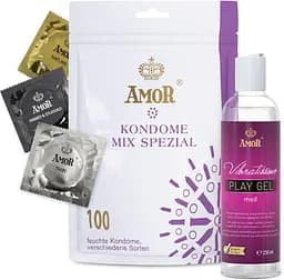 Презервативи та лубрикант - Amor Set Mix Condom, 100 шт. and Vibratissimo Play Gel Med, 250 мл