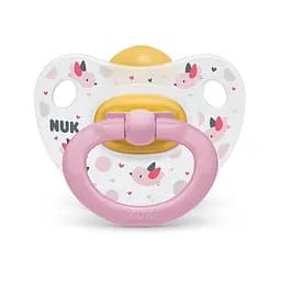Пустышка латексная NUK Happy Kids Птички, ортодонтическая, 18+ мес., розовый (3952338)