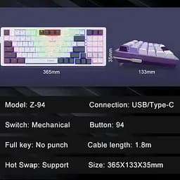 Ігрова дротова механічна клавіатура E-YOOSO Z94 / Red Switch / RGB / Hot Swap / White - мініатюра 3