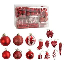 Новогодние украшения с глиттером красного цвета, набор из шаров, сосулек, подарков и елочек 72 шт (160776)