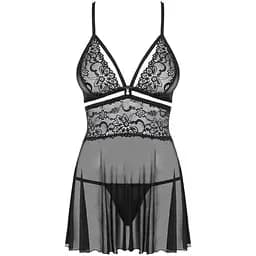 Эротический кружевной комплект с сеточкой Obsessive 838-BAB-1 Babydoll & Thong Black L/XL, черный