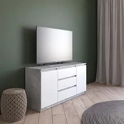 Комод під телевізор Vays R-15 Бетон-Білий фасад, 3 шухляди та 2 відділення з полицями, без ручок, ЛДСП, 140×40×75 см - для спальні, вітальні