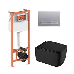 Подвесной унитаз Qtap Gemini Ultra Quiet + инсталляция Qtap Nest 4 в 1 (линейная клавиша Satin), Черный
