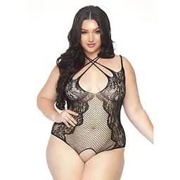 Тедди с открытым доступом Leg Avenue Net lace crossless teddy 1X-2X Black, шнуровка на спине
