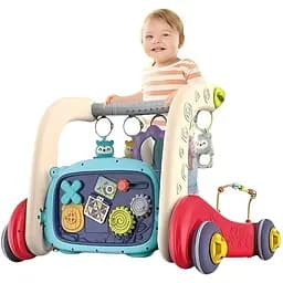 Дитячі ходунки 3 в 1 з бізібордом, музичним піаніно та розвивальним килимком, червоного кольору