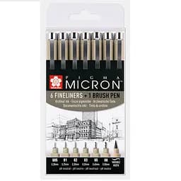 Набор линеров Pigma Micron 6 шт+Pigma BRUSH в подарок Sakura