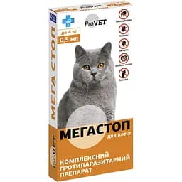 Краплі на холку для котів ProVET Мега Стоп від зовнішніх та внутрішніх паразитів до 4 кг 4 піпетки по 0.5 мл (PR020073)