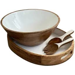 Блюдо салатник J-LINE из натурального дерева покрытого керамикой белый диаметр 40 см Бельгия (34498)