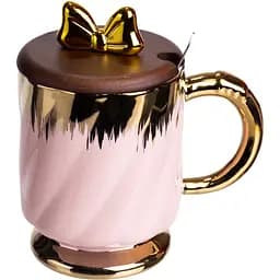 Чашка порцелянова Ribbon 450 мл з кришкою та ложкою рожевий FM-23B