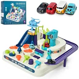 Детский игровой набор "Трек" T802A 4 машинки, вертолет, подвижные детали