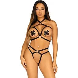 Стрепы-портупея с чокером Leg Avenue Satin elastic harness teddy, One Size, Black
