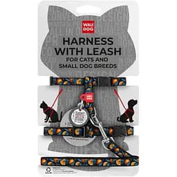 Шлея с поводком для кошек и мелких пород собак Waudog Nylon Апельсины с QR паспортом XS 25-40x20-30x1/122 см