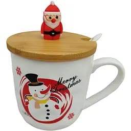 Новорічна чашка Olens 102-1086-3 Новорічна братва кераміка з бамбуковою кришкою та ложкою 380 мл