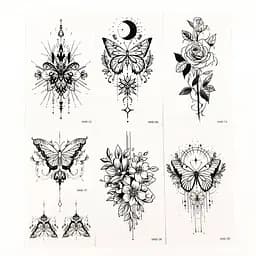 Набор временных тату «Бабочки и цветы №3» Fresh Tattoo black-tattoo-mini-set-f03 из 6 черных по 9,5 х 5,5 см