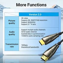 Кабель Vention HDMI M - M,30.0 м V2.0 Optical 4K 60Гц 18Gbps Dolby 7.1 PVC Black Zinc Alloy - мініатюра 4