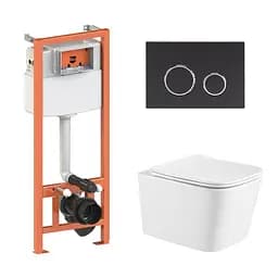 Подвесной унитаз Qtap Crow Ultra Quiet + инсталляция Qtap Nest 4 в 1 (круглая клавиша Black mat), Белый