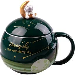 Чашка керамическая Happy Life Космонавт с крышкой и ложкой зеленая 400 мл HP877GR