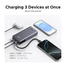 УМБ Ugreen 25000mAh 45W PD/QC, USB-A,USB-С IN/OUT, with built in USB-C cable (PB536) Gray - мініатюра 9