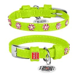 Ошейник для собак кожаный Waudog Glamour с QR-паспортом с клеевыми стразами "Цветы" Ш 12 мм Д 21-29 см салатовый