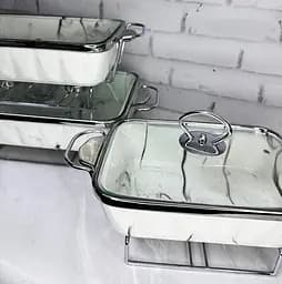 Набір з 3-х мармітів керамічних прямокутних Kitchen з кришками із скла Біло Сріблястий - мініатюра 7