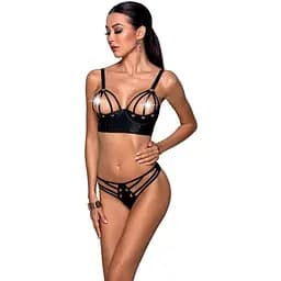 Комплект з еко-шкіри з люверсами та ремінцями Passion Malwia Bikini black L/XL