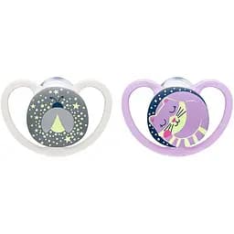 Пустышка силиконовая Nuk Space Night, ортодонтическая, 6-18 мес., розовая с серым, 2 шт. (3952411)