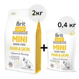 Беззерновий сухий корм для собак мініатюрних порід Brit Care GF Mini Hair&Skin, догляд за шерстю, з лососем та оселедцем, 2 кг + 0,4 кг