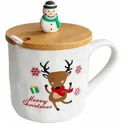 Новорічна чашка Olens 102-1086-2 Новорічна братва кераміка з бамбуковою кришкою та ложкою 380 мл