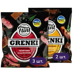 Набор: гренки Flint Ржаные со вкусом телятины с аджикой 100 г х 3 шт. + гренки Flint Ржаные со вкусом баварских колбасок 100 г х 2 шт.