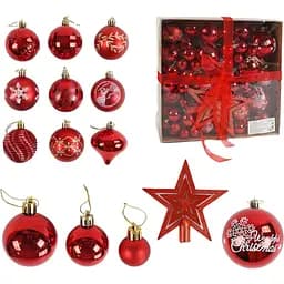 Набір новорічних прикрас для ялинки 85 іграшок з зіркою для верхівки ялинки, червоного кольору (161593)