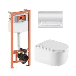 Подвесной унитаз Qtap Taurus Ultra Quiet + инсталляция Qtap Nest 4 в 1 (линейная клавиша Chrome), Белый