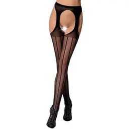 Эротические колготки-бодистокинг Passion S018 black имитация чулок с вертикальными полосками и пояс S/M/L