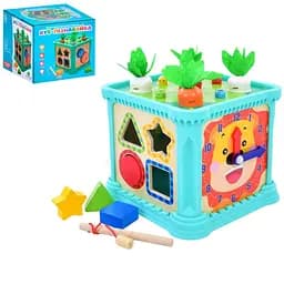 Деревянный развивающий центр-бизикуб MD 0835 (6 в 1) сортер, шестерни, часы, цифры, магнитная рыбалка