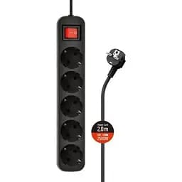 Фильтр сетевой ColorWay, 5 розеток, 2 м, черный, 10А, до 2.5 кВт, заземление, выключатель, 3x1 мм² (CW-PSEA52BK)