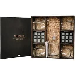 Подарунковий набір Whiskey Stones камені для віскі в дерев'яному пеналі №8 + декантер і 4 склянки Pasabahce + щипці + мішечок