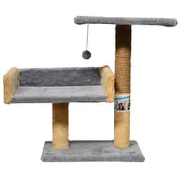 Дряпка двоповерхова Пухнастики з полицею та диванчиком сіра з бежевим (Д-3)